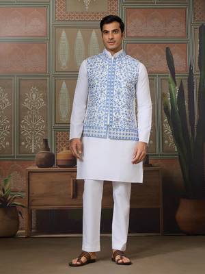WHITE BLUE SILK REAL MIRROR WITH THREAD EMBROIDERED WORK WEDDING FESTIVAL PARTY WEAR STRAIGHT KURTA WITH JACKE AND PANT 8