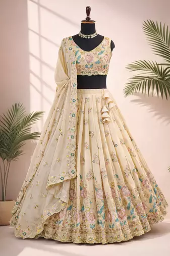 beige shimmer tissue lehenga choli