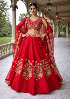 elegant red mono silk lehenga choli  3