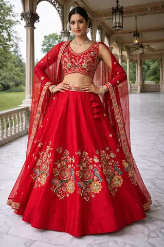 elegant red mono silk lehenga choli 