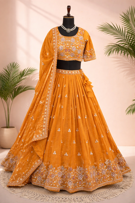 mustard orange embroidered crush silk lehenga choli 4