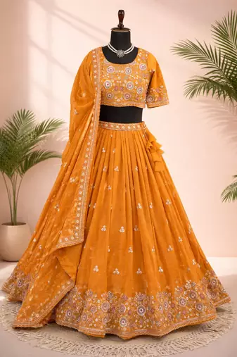 mustard orange embroidered crush silk lehenga choli