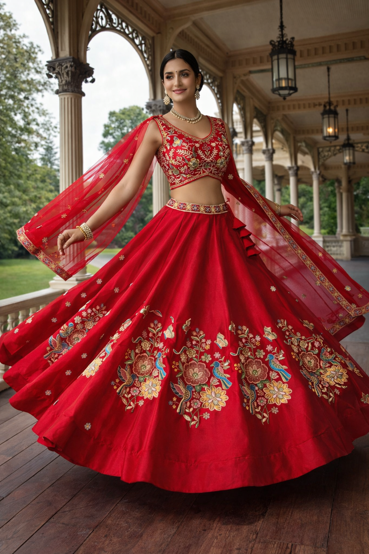 elegant red mono silk lehenga choli 