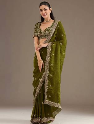 Charming Olive Green Embroidered Tissue Silk Mehendi Wear Saree With Blouse 1