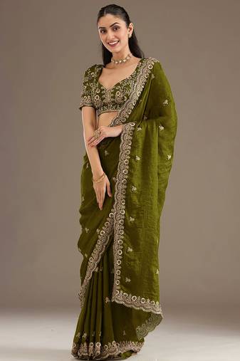 Charming Olive Green Embroidered Tissue Silk Mehendi Wear Saree With Blouse