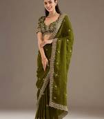 Charming Olive Green Embroidered Tissue Silk Mehendi Wear Saree With Blouse