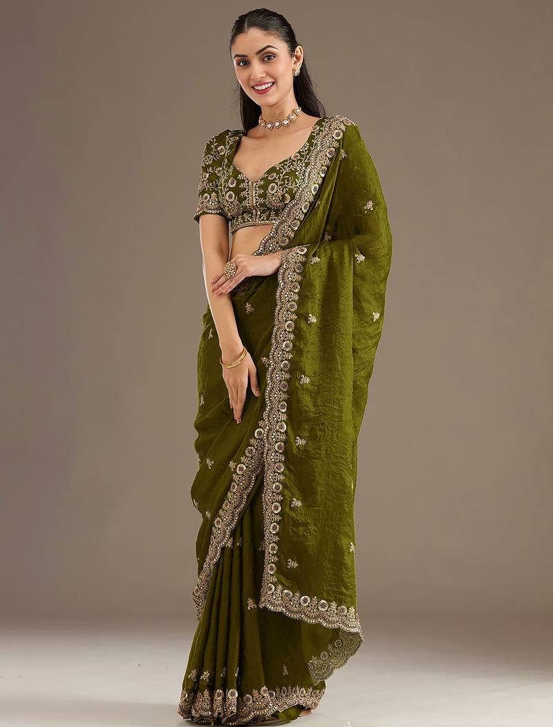 Charming Olive Green Embroidered Tissue Silk Mehendi Wear Saree With Blouse