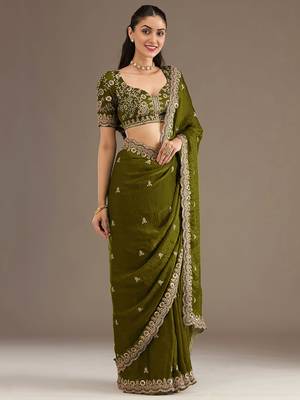 Charming Olive Green Embroidered Tissue Silk Mehendi Wear Saree With Blouse 2