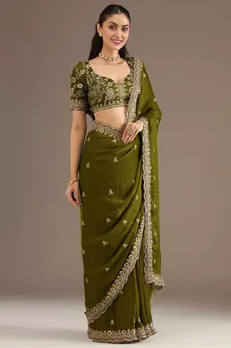 Charming Olive Green Embroidered Tissue Silk Mehendi Wear Saree With Blouse