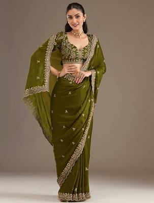 Charming Olive Green Embroidered Tissue Silk Mehendi Wear Saree With Blouse 3