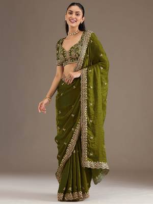 Charming Olive Green Embroidered Tissue Silk Mehendi Wear Saree With Blouse 4