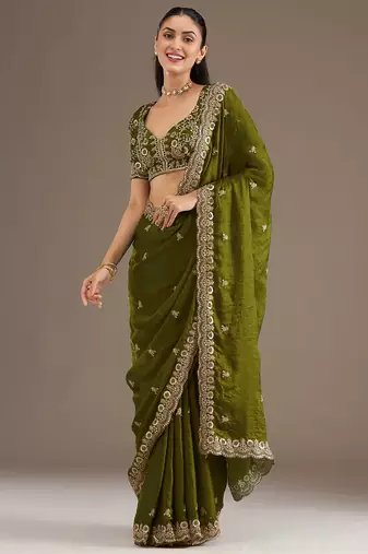 Charming Olive Green Embroidered Tissue Silk Mehendi Wear Saree With Blouse