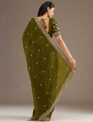 Charming Olive Green Embroidered Tissue Silk Mehendi Wear Saree With Blouse 5