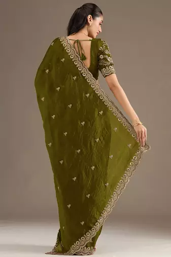 Charming Olive Green Embroidered Tissue Silk Mehendi Wear Saree With Blouse