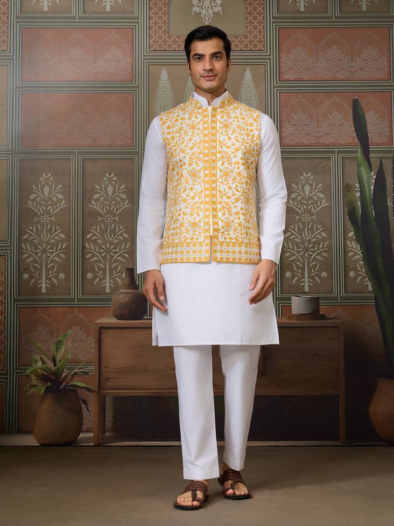 White yellow silk real mirror with thread embroidered work festival party wear straight kurta with jacke and pant