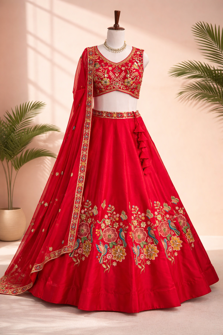elegant red mono silk lehenga choli 