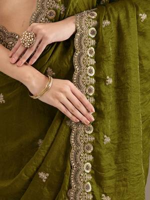 Charming Olive Green Embroidered Tissue Silk Mehendi Wear Saree With Blouse 6