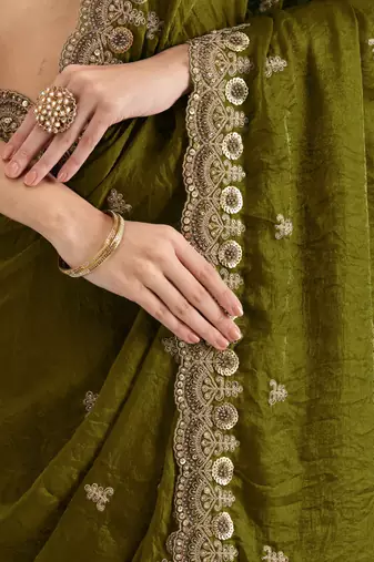 Charming Olive Green Embroidered Tissue Silk Mehendi Wear Saree With Blouse