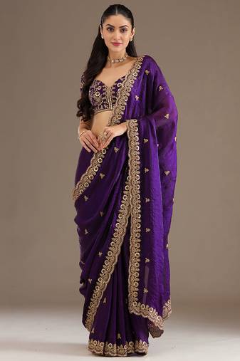 Gorgeous Purple Embroidered Tissue Silk Engagement Wear Saree With Blouse