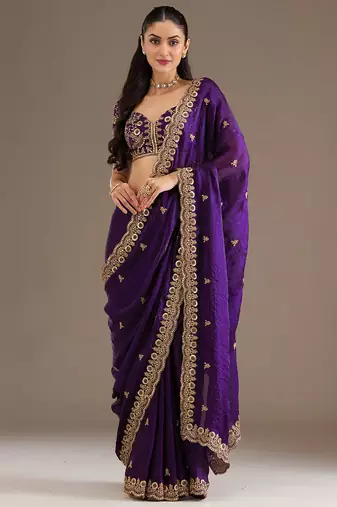Gorgeous Purple Embroidered Tissue Silk Engagement Wear Saree With Blouse