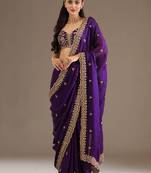 Gorgeous Purple Embroidered Tissue Silk Engagement Wear Saree With Blouse