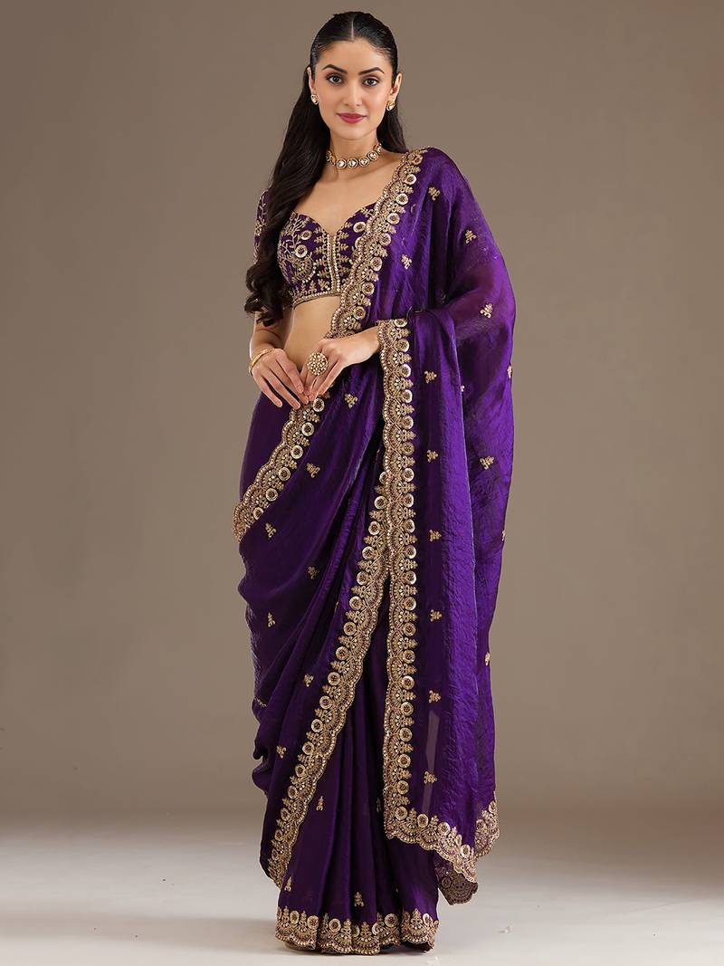 Gorgeous Purple Embroidered Tissue Silk Engagement Wear Saree With Blouse