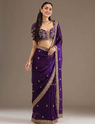 Gorgeous Purple Embroidered Tissue Silk Engagement Wear Saree With Blouse 3