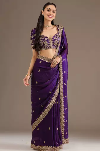 Gorgeous Purple Embroidered Tissue Silk Engagement Wear Saree With Blouse