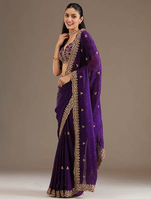 Gorgeous Purple Embroidered Tissue Silk Engagement Wear Saree With Blouse 4