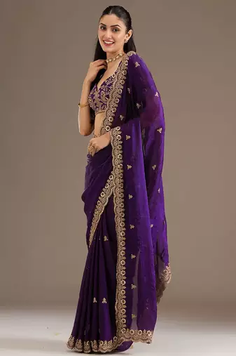 Gorgeous Purple Embroidered Tissue Silk Engagement Wear Saree With Blouse