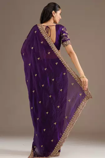 Gorgeous Purple Embroidered Tissue Silk Engagement Wear Saree With Blouse