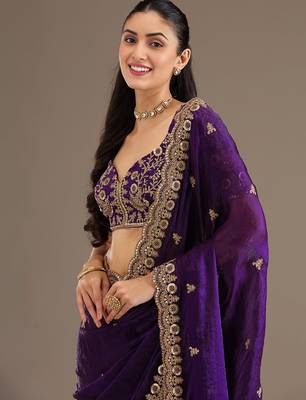 Gorgeous Purple Embroidered Tissue Silk Engagement Wear Saree With Blouse 6