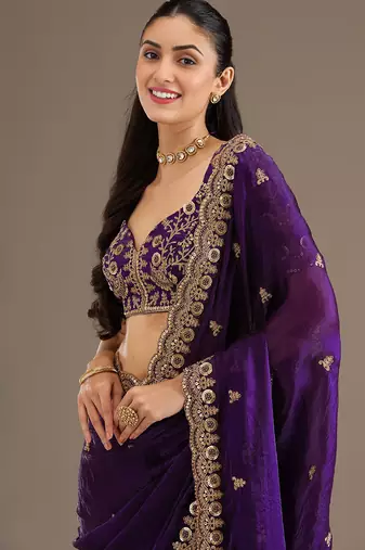 Gorgeous Purple Embroidered Tissue Silk Engagement Wear Saree With Blouse