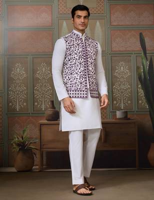 WHITE PURPLE SILK REAL MIRROR WITH THREAD EMBROIDERED WORK FESTIVAL PARTY WEAR STRAIGHT KURTA WITH JACKE AND PANT 8