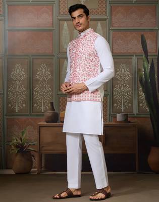 WHITE PINK SILK REAL MIRROR WITH THREAD EMBROIDERED WORK WEDDING FESTIVAL PARTY WEAR STRAIGHT KURTA WITH JACKE AND PANT 8