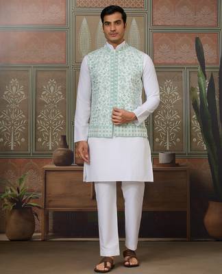 WHITE GREEN SILK REAL MIRROR WITH THREAD EMBROIDERED WORK WEDDING FESTIVAL PARTY WEAR STRAIGHT KURTA WITH JACKE AND PANT 8