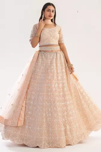 light peach net embroidered wedding wear lehenga with choli and dupatta