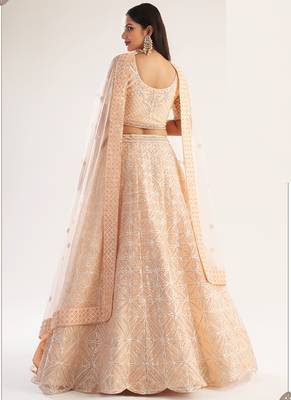 light peach net embroidered wedding wear lehenga with choli and dupatta 3