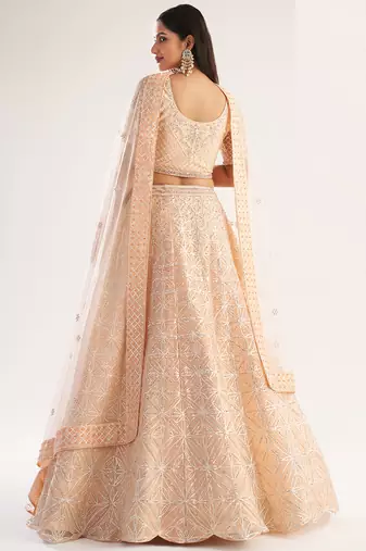 light peach net embroidered wedding wear lehenga with choli and dupatta