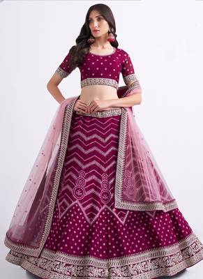 wine silky georgette embroidered wedding wear lehenga with choli and dupatta 1