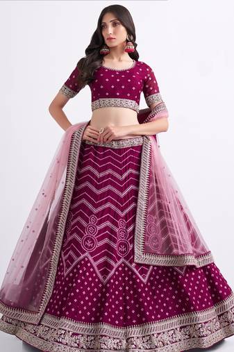 wine silky georgette embroidered wedding wear lehenga with choli and dupatta