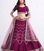 wine silky georgette embroidered wedding wear lehenga with choli and dupatta