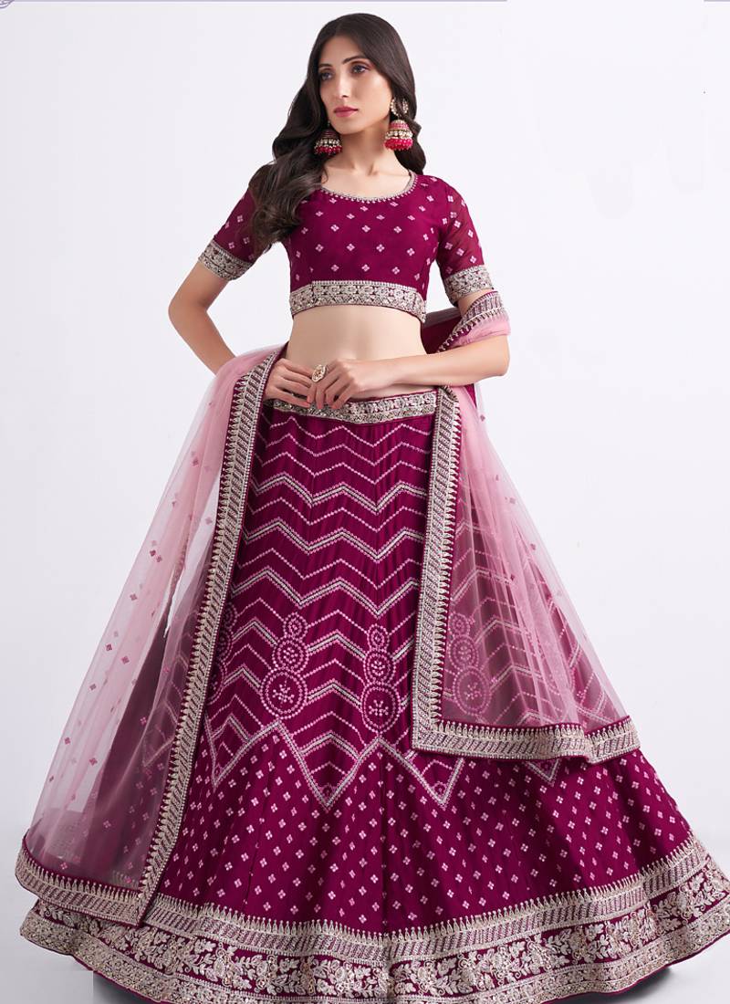 wine silky georgette embroidered wedding wear lehenga with choli and dupatta