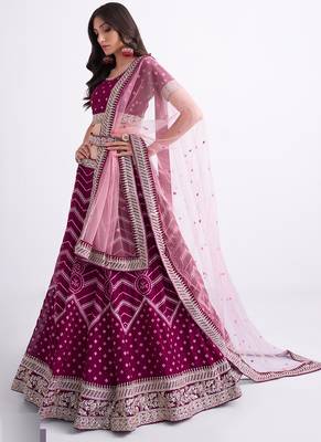 wine silky georgette embroidered wedding wear lehenga with choli and dupatta 2