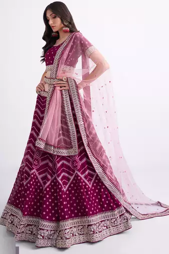 wine silky georgette embroidered wedding wear lehenga with choli and dupatta