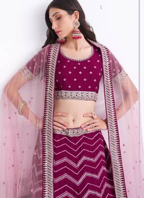 wine silky georgette embroidered wedding wear lehenga with choli and dupatta 3