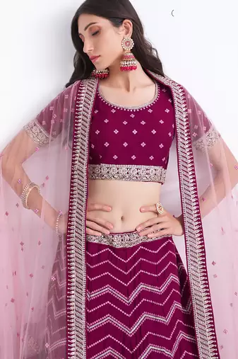 wine silky georgette embroidered wedding wear lehenga with choli and dupatta