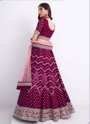 wine silky georgette embroidered wedding wear lehenga with choli and dupatta 4