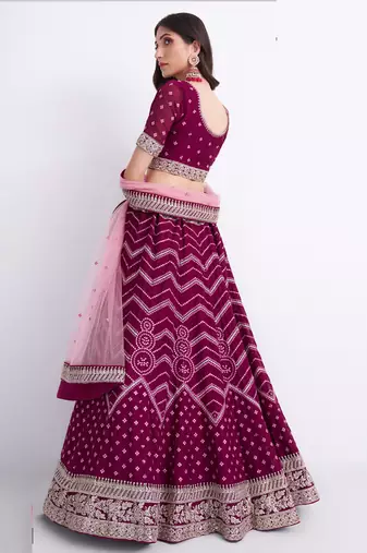 wine silky georgette embroidered wedding wear lehenga with choli and dupatta