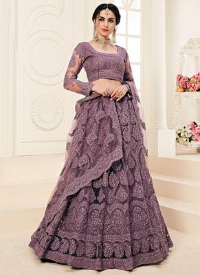 lavender heavy butterfly net embroidered wedding wear lehenga with choli and dupatta 1